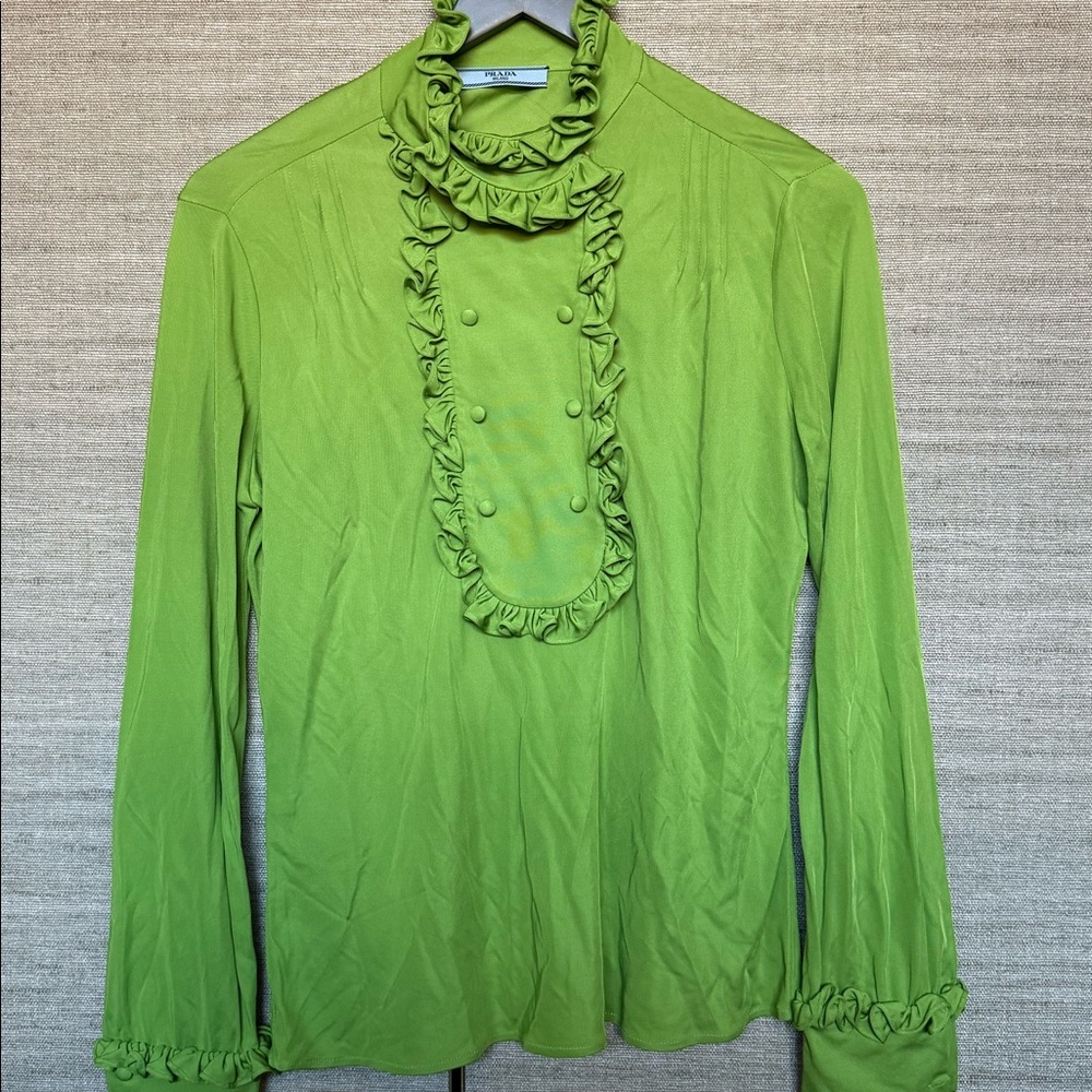 Prada Ruffled High-Neck Blouse in Vibrant Grass Green – Size IT 42